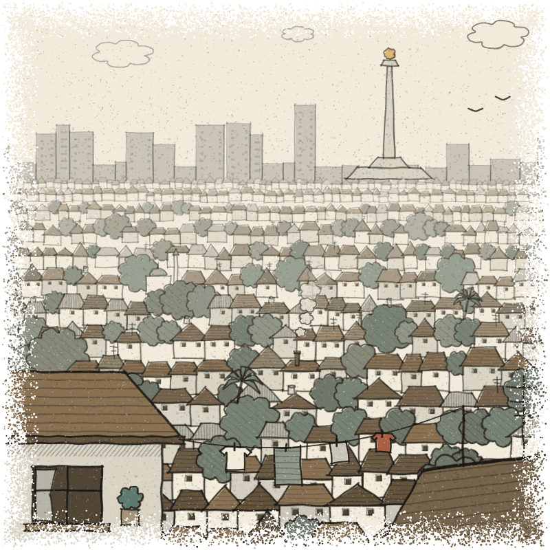 Kampung rooftops in Jakarta climbing row after row toward the city skyline, Monas on the horizon