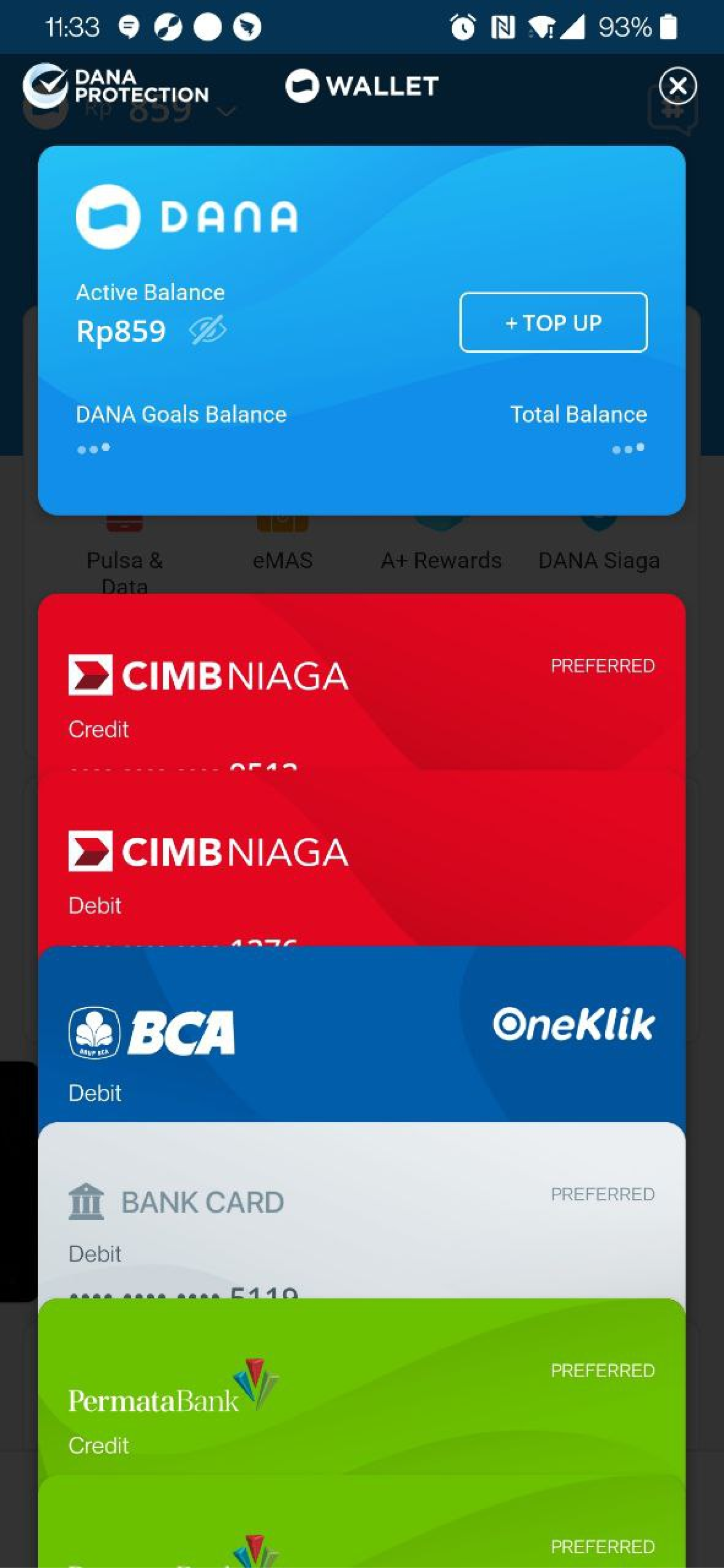 Wallet v1: one long list of balance and payment cards