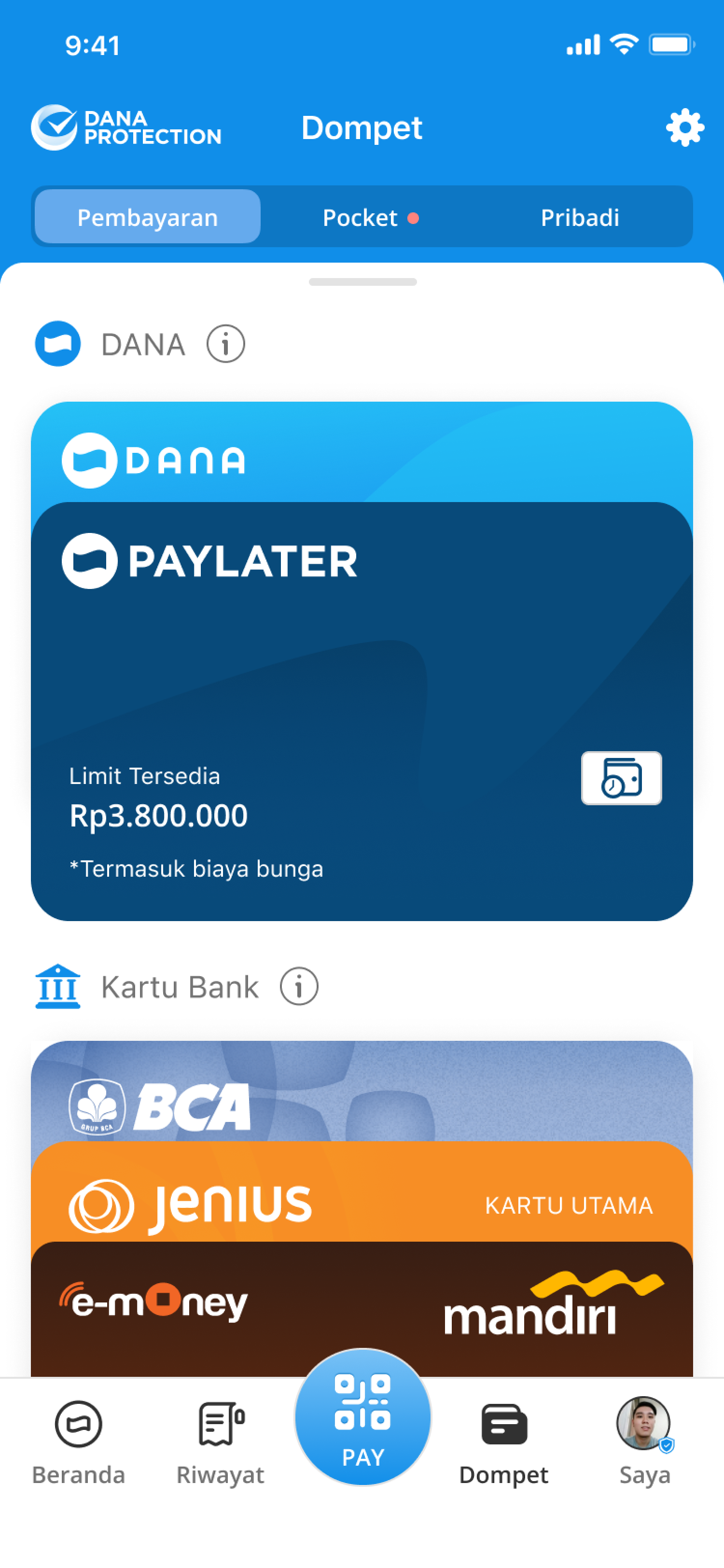 Wallet v2: Payment, Pocket, and Personal tabs with DANA, PayLater, and bank card sections