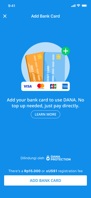 Add Bank Card paywall: bind a card to use DANA with a Rp15.000 registration fee