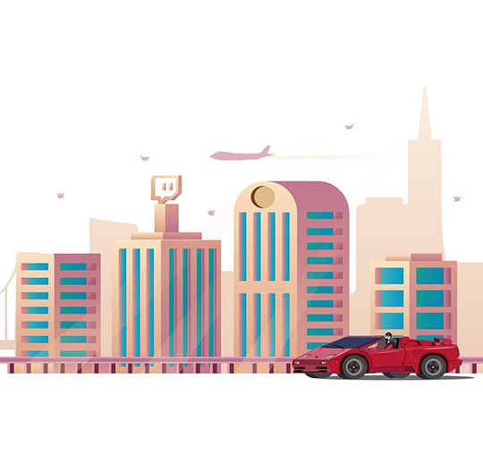 Retro city skyline with a red sports car in the foreground