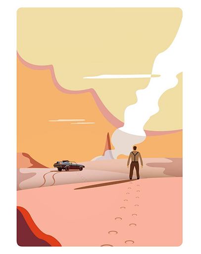 A lone figure walking a desert canyon road toward a parked car
