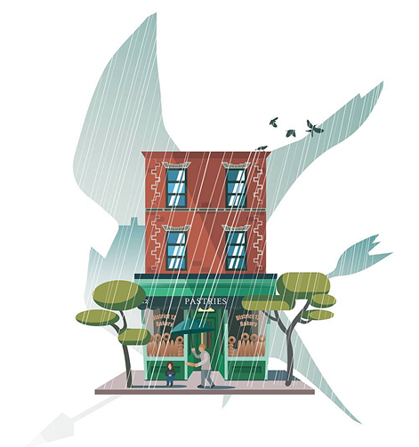A brownstone corner shop wrapped in trees and foliage