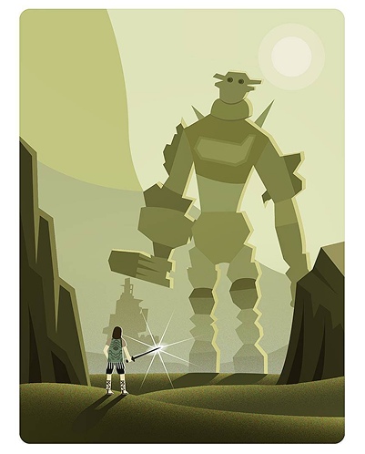 A colossal robot standing over a small figure in a green canyon