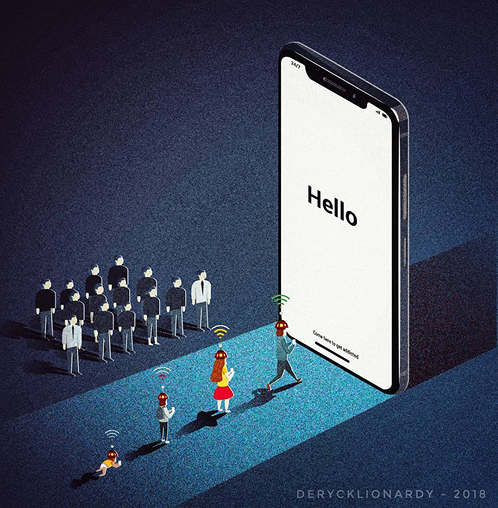 A crowd of small figures gathered at the foot of a giant phone saying Hello