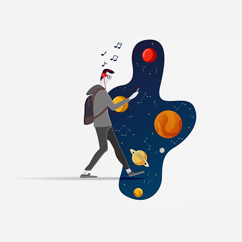 A skater carrying a backpack, trailing a night sky full of planets
