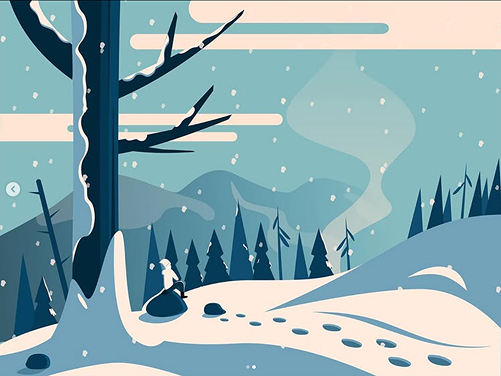A snowy forest at dusk with footprints leading between the trees