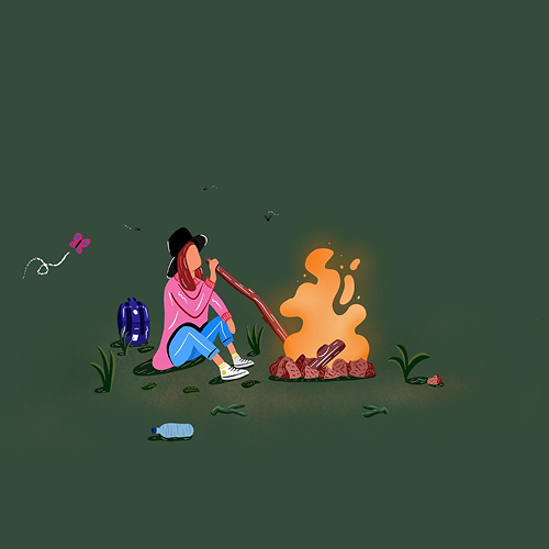 Someone sitting by a campfire in a dark green clearing